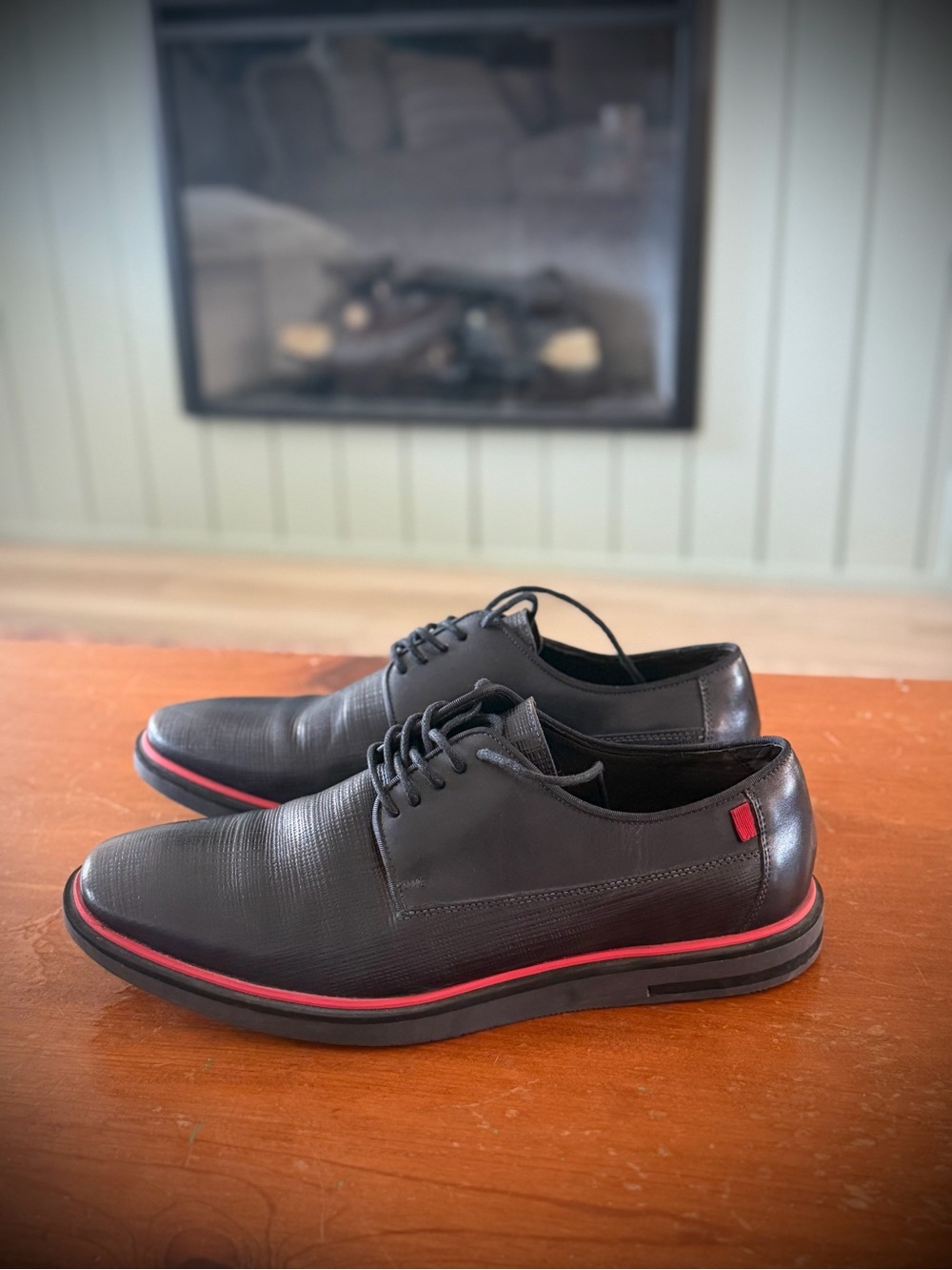 Men's Marc Joseph Nebraska Black Leather Derby Shoes with Red Accent Trim